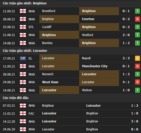 Thành tích đối đầu Brighton vs Leicester
